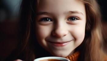 schattig meisje Holding koffie, genieten van winter binnenshuis gegenereerd door ai foto