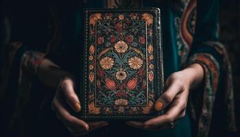 een persoon Holding een oud fashioned boek binnenshuis gegenereerd door ai foto