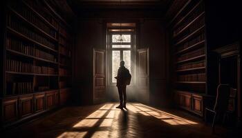 silhouet van jong zakenman wandelen in bibliotheek gegenereerd door ai foto