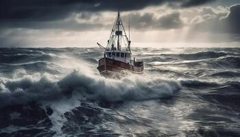 het zeilen schip dapper stormachtig zeeën, industrieel vracht gegenereerd door ai foto