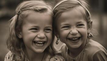 twee schattig zussen lachend in zwart en wit gegenereerd door ai foto
