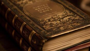 antiek leer gebonden Bijbel, wijsheid Aan elke bladzijde gegenereerd door ai foto