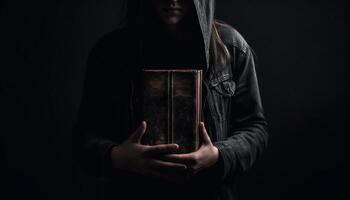 Christendom mysterie Holding Bijbel, portret in donker studio gegenereerd door ai foto