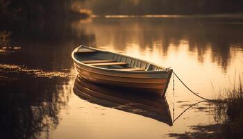 rustig zonsondergang Aan vijver, roeiboot weerspiegelt schoonheid gegenereerd door ai foto