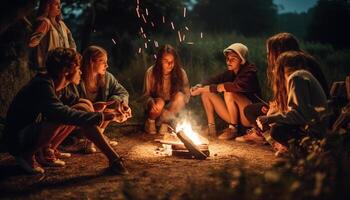 groep van vrienden genieten van kampvuur in natuur gegenereerd door ai foto