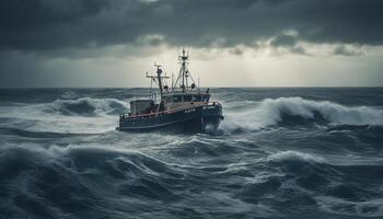 donker stormachtig lucht, crashen golven, Gevaar verder gegenereerd door ai foto