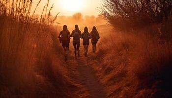 groep van vrienden genieten natuur zonsondergang joggen gegenereerd door ai foto