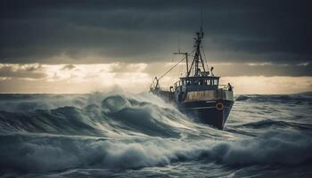 industrieel schip zeilen in de donker horizon gegenereerd door ai foto