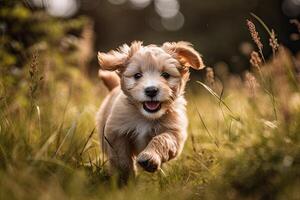 schattig weinig gemengd ras hond rennen buitenshuis in natuur Aan een zonnig dag. ai gegenereerd foto