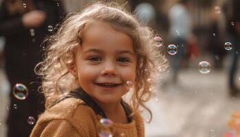 glimlachen meisje blazen bubbels, genieten van zorgeloos kinderjaren gegenereerd door ai foto