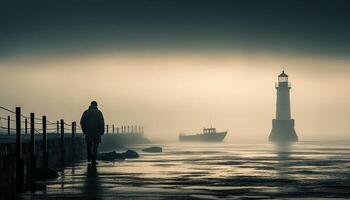 silhouet van een persoon het zeilen in zonsondergang gegenereerd door ai foto