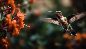 kolibrie zweven, iriserend veren verspreiding in vlucht gegenereerd door ai foto