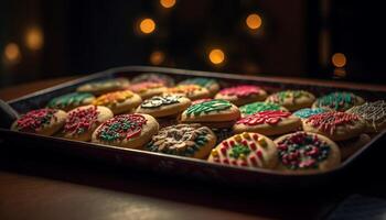 eigengemaakt suiker koekjes met chocola suikerglazuur en kleurrijk decoraties gegenereerd door ai foto