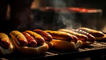 gegrild vlees Aan barbecue grill, heet honden en hamburgers Koken gegenereerd door ai foto