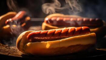 gegrild vlees en heet honden Aan een barbecue, zomer verfrissing gegenereerd door ai foto