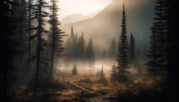 rustig tafereel van naald- bomen in de wildernis, terug lit door zonlicht gegenereerd door ai foto