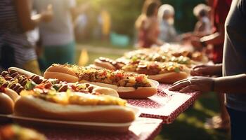 zomer barbecue picknick met gegrild vlees, heet honden, en versnaperingen gegenereerd door ai foto