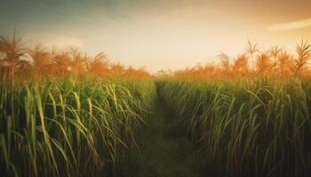 oogsten rijst- in een rustig herfst weide onder zonsopkomst lucht gegenereerd door ai foto