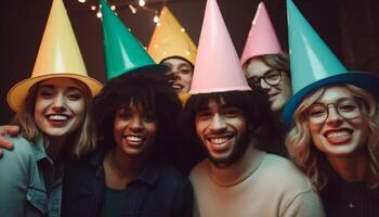 een multi etnisch groep van jong volwassenen feesten Bij een nachtclub gegenereerd door ai foto