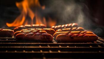 gegrild vlees Aan heet grill, vlam en rook stijgende lijn hoog gegenereerd door ai foto