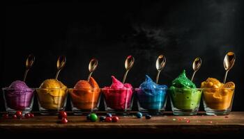 een levendig verzameling van kleurrijk voedsel geregeld in een regenboog gegenereerd door ai foto