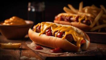 gegrild rundvlees en heet hond maaltijd met ketchup Aan bun gegenereerd door ai foto