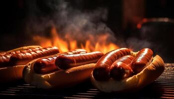 gegrild vlees Aan heet grill, vlam en rook stijgende lijn gegenereerd door ai foto