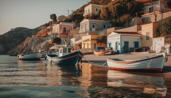 nautische vaartuig afgemeerd Aan rustig Asturië kustlijn Bij schemer gegenereerd door ai foto