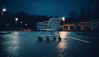 leeg boodschappen doen kar snelheden door nat stad straten Bij schemer gegenereerd door ai foto