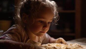 schattig Kaukasisch kleuter glimlachen terwijl aan het eten zoet voedsel Bij huis gegenereerd door ai foto