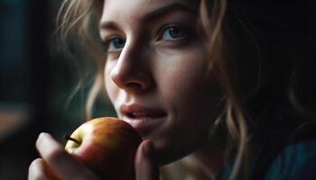 jong vrouw aan het eten appel, op zoek Bij camera met selectief focus gegenereerd door ai foto