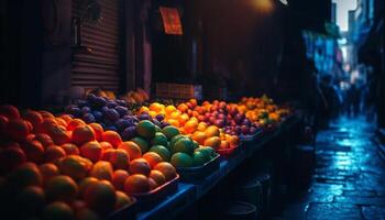 vers biologisch fruit en groenten in een kleurrijk kleinhandel mand gegenereerd door ai foto