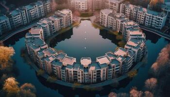 modern stad horizon weerspiegelt in waterkant Bij schemering, bovenstaand verkeer gegenereerd door ai foto