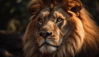 majestueus mannetje leeuw staren, schuilplaats in gras, schoonheid in natuur gegenereerd door ai foto