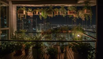 reflectie van stad leven Bij schemering, modern architectuur verlichte gegenereerd door ai foto