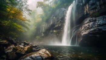 rustig tafereel van majestueus berg bereik, vloeiende water en groen gebladerte gegenereerd door ai foto