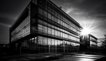 modern wolkenkrabber weerspiegelt stad leven in zwart en wit monochroom gegenereerd door ai foto