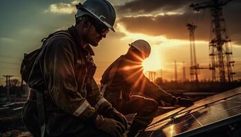 twee Kaukasisch bouw arbeiders werken buitenshuis Bij zonsondergang, glimlachen openhartig gegenereerd door ai foto