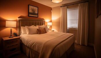 modern luxe hotel suite met comfortabel dubbele bed en elegant decor gegenereerd door ai foto