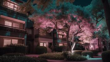 stad straat verlichte door kers bloesem lantaarns in lente reizen gegenereerd door ai foto