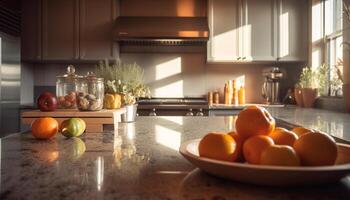 vers vegetarisch maaltijd bereid Aan modern houten keuken eiland binnenshuis gegenereerd door ai foto