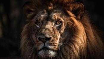 majestueus leeuw staren met trots, schuilplaats in de savanne gras gegenereerd door ai foto