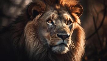 majestueus mannetje leeuw staren Bij camera in Afrikaanse wildernis reserveren gegenereerd door ai foto