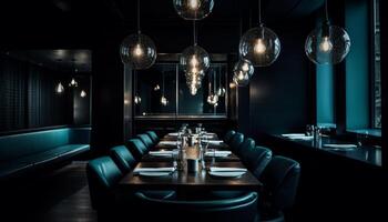 blauw glas dining tafel schijnt in elegant nachtclub verlichting uitrusting gegenereerd door ai foto