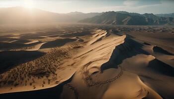 majestueus berg bereik, golfde zand duinen, rustig zonsopkomst in Afrika gegenereerd door ai foto