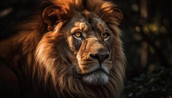 majestueus leeuwin staren Bij camera, presentatie van schoonheid in natuur gegenereerd door ai foto