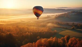 mannen vlieg hoog omhoog in heet lucht ballon, genieten van natuur schoonheid gegenereerd door ai foto