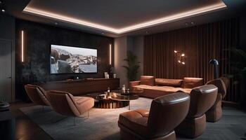 modern, comfortabel leven kamer met elegant decor en elektrisch lampen gegenereerd door ai foto