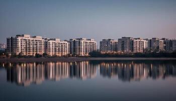 rustig waterkant silhouet Bij schemering, modern stad horizon verlichte gegenereerd door ai foto