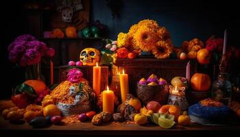 spookachtig halloween decoratie met pompoen, kaars, en multi gekleurde achtergronden gegenereerd door ai foto